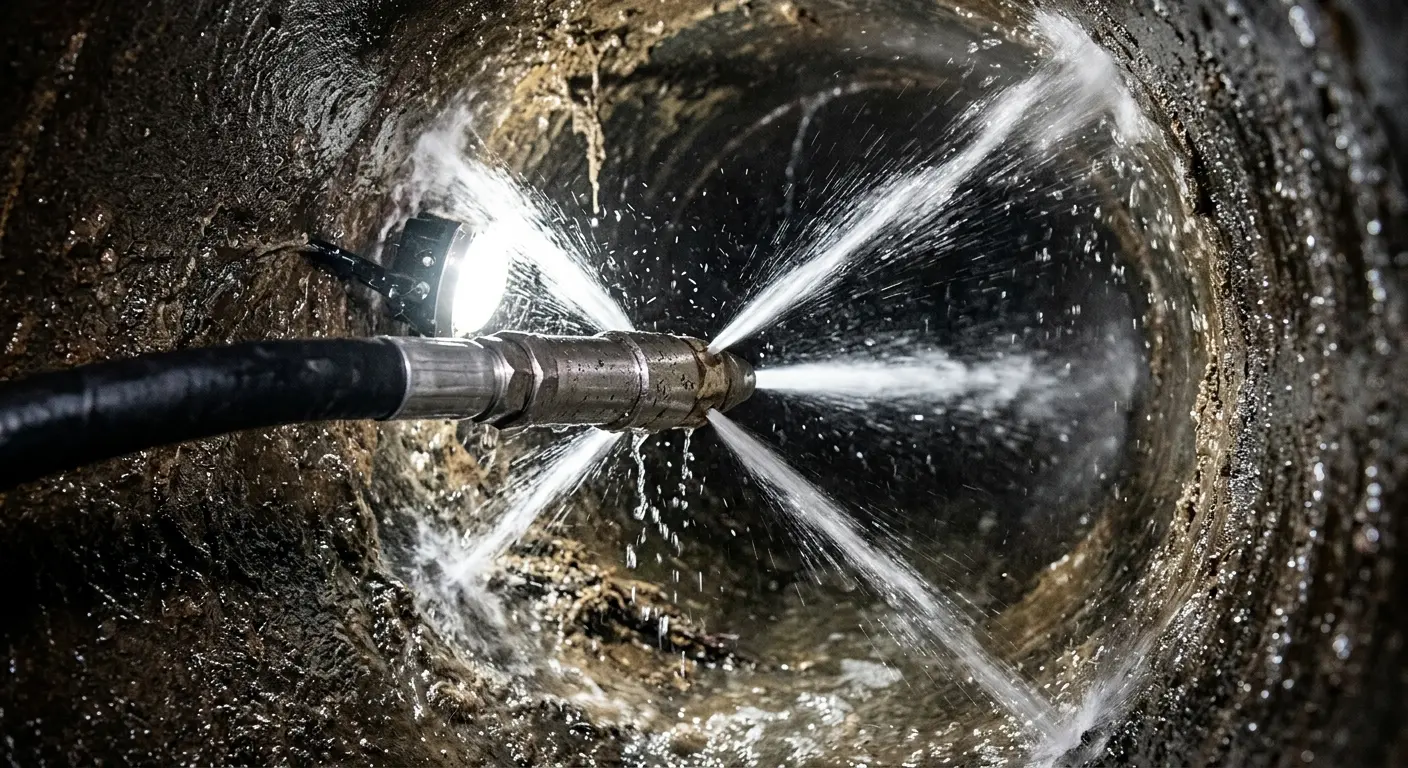 High-pressure hydro jetting nozzle cleaning sewer pipe for Trenchless Sewer Repair in Rock Falls